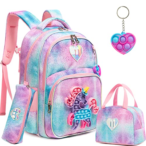 Meetbelify Unicorn Backpack for Girls Backpacks for Elementary School Bag with Lunch Box Kids Cute Tie Dye Backpack Set for Girls Age 6-8
