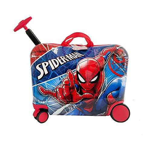 Fast Forward Spiderman Ride on Suitcase for Kids, 18'' Suitcase with Seat for Kids, Cute Lightweight Kids Travel Suitcase Trolley