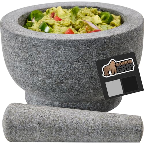 Gorilla Grip 100% Granite Slip Resistant Mortar and Pestle Set, 4 Cups, Stone Guacamole Spice Grinder Bowls, Large Molcajete for Mexican Salsa Avocado Taco Mix Bowl, Kitchen Cooking Accessories, Gray