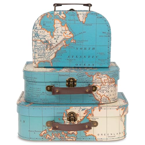 Jewelkeeper Paperboard Suitcases, Set of 3 Decorative Storage Boxes, Vintage Luggage for Birthdays, Weddings, Christmas, World Map Design