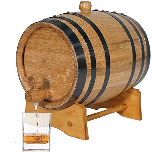 1 Liter Oak Aging Barrel with Wood Stand, Bung & Spigot - Mini Whiskey Barrels for The Home Alcohol Distiller, Moonshiner & Winemaker - Age Cocktails, Bourbon, Whisky, Tequila, Rum, Mead Wine (1L)