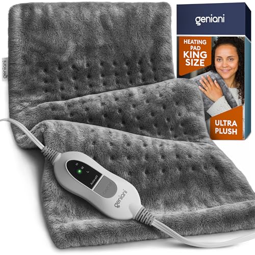 GENIANI King Size Heating Pad for Back Pain & Cramps Relief, FSA HSA Eligible, Auto Shut Off, Machine Washable, Moist Heat Pad for Neck & Shoulder, Knee, Leg, Heat Patches, Tabby Gray 12'‘×24’’