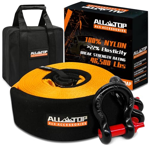 ALL-TOP Extreme Duty Tow Strap Recovery Kit: 4inch x 30ft (46,500lbs) 100% Nylon and 22% Elongation Snatch Strap + 3/4 Heavy Duty D Ring Shackles (2pcs) + Storage Bag