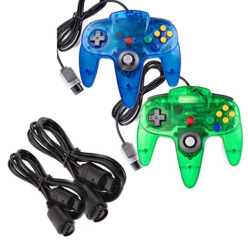 miadore 2 Pack Classic N64 Controllers (Jungle Green/Blue) Bundle with 2 Pack 6FT N64 Controller Extension Cable