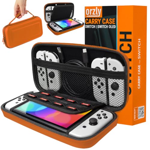 Orzly Carrying case for Nintendo Switch OLED and Switch Console - Orange Protective Hard Portable Travel case Shell Pouch for Nintendo Switch Console & Accessories
