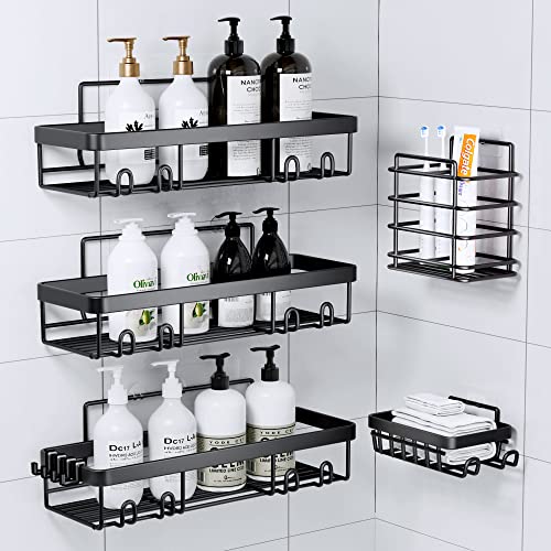 Posyla Shower Caddy, Bathroom Shower Organizers, Black Shower Shelves for Inside Shower with Soap Caddy & Toothbrush Holder, Stainless Steel Wall Rack Baskets Adhesives Mounted(5 PCS)