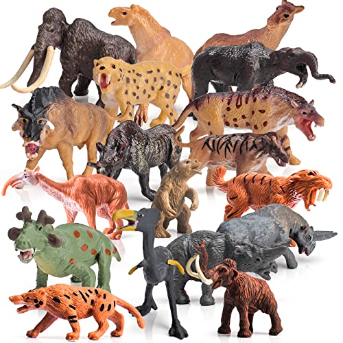 LC JoyCre Prehistoric Animals Toys Wildlife Mammals Mini Set 18PCS Woolly Mammoth Animal Bulk Figurines Saber-Toothed Tiger Model Dire Wolf Figure Kids Birthday Gift