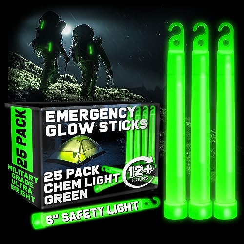 PartySticks Green Glow Sticks Emergency Chem Lights (6', 25 Pack) Military Grade 12 Hour Bulk Tactical Light Sticks for Survival Gear, Camping, Power Outages