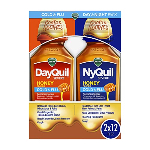 Vicks DayQuil & NyQuil Severe Combo Pack, Max Strength Cold & Flu Medicine for Fever, Sore Throat, Stuffy Nose - 2 x 12 oz Bottles