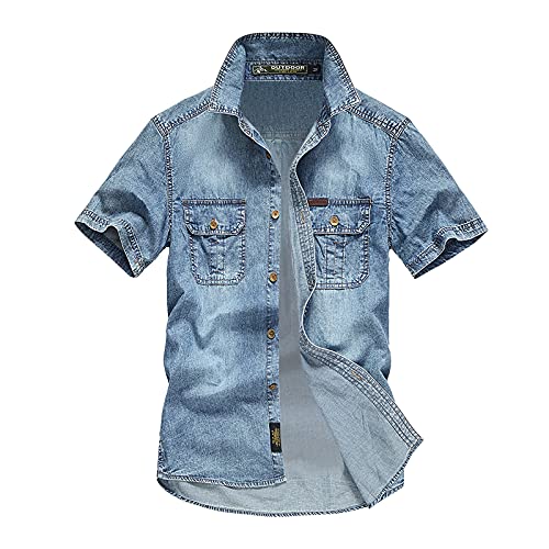 Men's Casual Denim Shirts with Flap Pockets Short Sleeve Button Down Fashion Business Dress Shirt Western Cowboy Shirt Cotton WorkwearBlueL