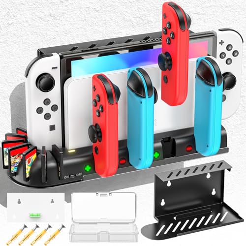 Switch Wall Mount with Charger, Wall Mount Kit Shelf for Nintendo Switch/OLED, Switch Charging Docking Station with 8 Game Storage Holder for Joy-Con, Switch Wall Mount Behind TV, Switch Accessories