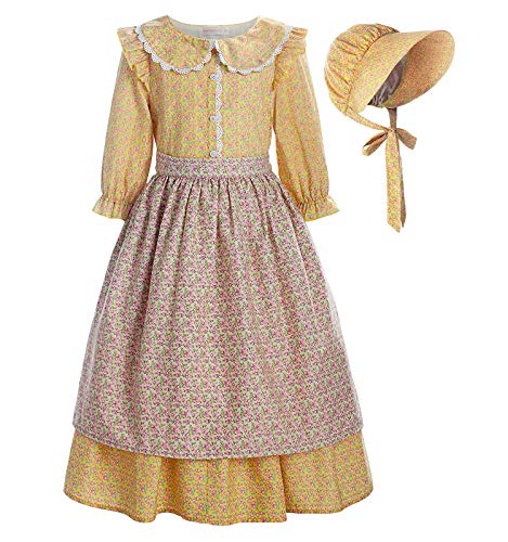 ReliBeauty Pioneer Girl Costume Colonial Prairie Dress Yellow, 10-12(150)
