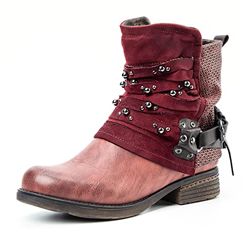 LALA IKAI Women Motorcycle Boots Ankle Combat Boots with Studded Low Block Heels Biker Shoes Red Wine