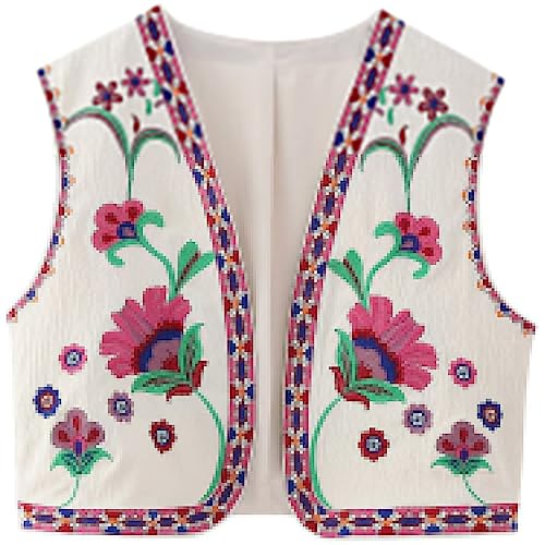 Women's Vintage Embroidered Floral Vest Fashion Linen Short Ethnic Shirt Blouse Y2k Crochet Flower Cardigan Vests Tops