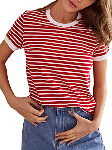 Floerns Women's Casual Striped Print Crew Neck Short Sleeve T Shirts Tee Tops Red and White M