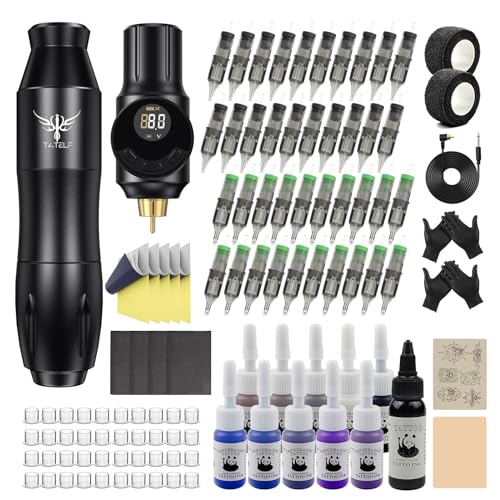 TATELF Tattoo kit Wireless Tattoo Machine Gun Starter Kit Rotary Tattoo Pen Machine 40pcs Cartridges Needle 2000mAh Tattoo Battery Pack for Beginners Tattoo Artists（Black)