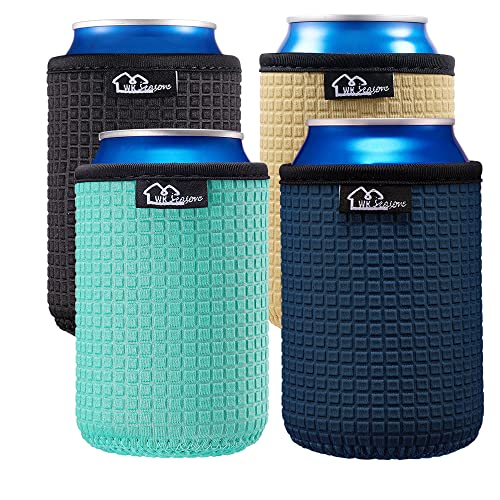 WKieason 12oz Standard Can Sleeves Insulators Sleeves Standard Can Covers 12OZ Beer Bottle Sleeves Coolers Holder Non-slip Neoprene Can Coolier Sleeves 4PC Pack (Black/Cool Mint/Dark blue/Khaki)