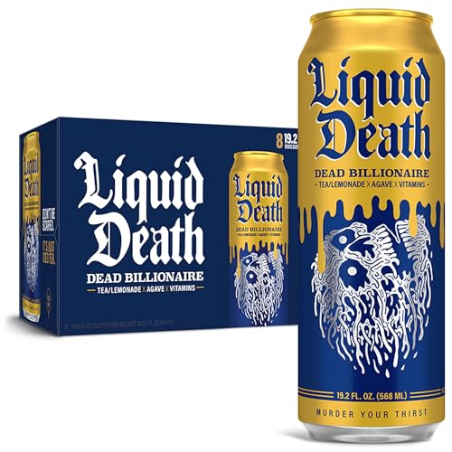 Liquid Death, Dead Billionaire Iced Tea, Half Lemonade Half Black Tea Sweetened With Real Agave, B12 & B6 Vitamins, Low Calorie & Low Sugar, 8-Pack (King Size 19.2oz Cans)
