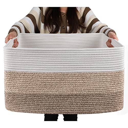 OIAHOMY Large Blanket Basket, Rectangle Woven Baskets for Storage, Nursery Blanket Basket Living Room, Toy Basket with Handle, Large Baskets for Organizing-22”x17”x12”-Gradient Yellow