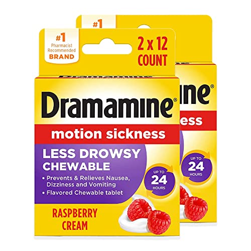 Dramamine Chewable Less Drowsy, Motion Sickness Relief, Raspberry Cream Flavor, 12 Count, 2 Pack