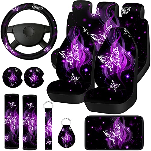 15 Pcs Butterfly Car Seat Covers Full Set Butterfly Front Rear Seat Covers Steering Wheel Cover Wrist Strap Coasters Armrest Shoulder Pads (Purple Glitter Butterfly Style)