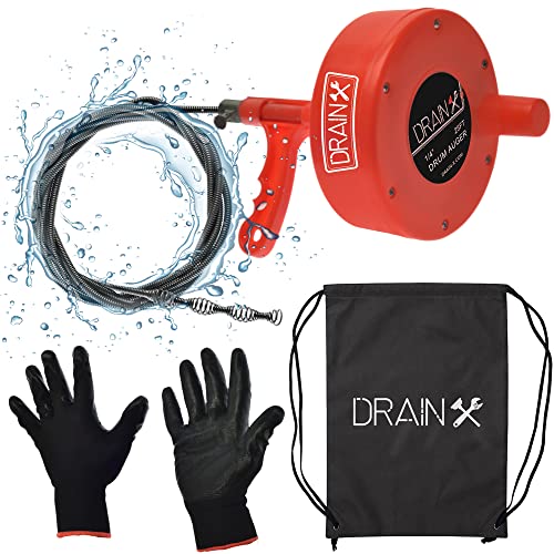 DrainX Plumbing Snake Drain Auger | 25-Ft Drain Cleaning Cable Plumbers Auger with Work Gloves and Storage Bag Included!