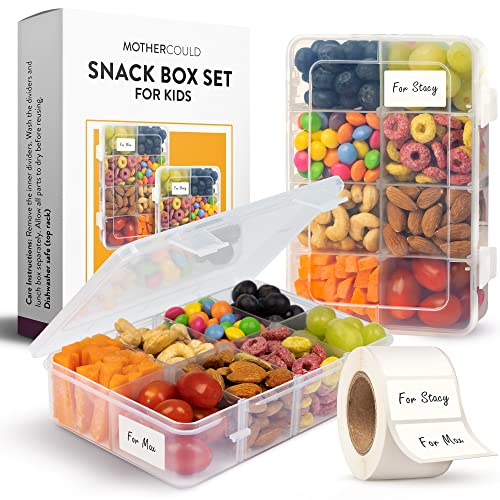 Mothercould Snack Box Set for Kids - 8 Compartments, Reusable Snack Solution with 100 Dissolvable Labels | Easy to Clean, Dishwasher Safe, BPA-Free, Food Grade, Durable and Secure Design (2 Pack)