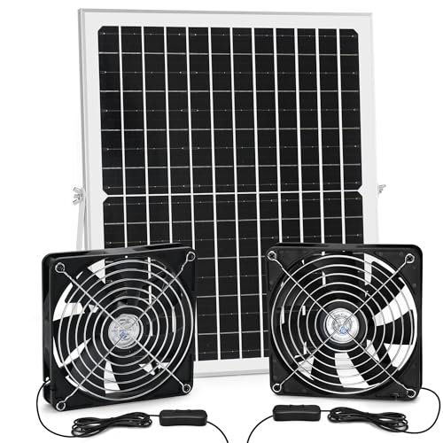 blessny Solar Dual Fan Kit for Intake or Exhaust air, 25W Solar Panel Powered Fan for Chicken Coop, Greenhouse, 5.5 in Bigger Fans with 15 ft Cord, IP67 Waterproof, 3500RPM