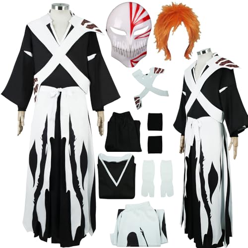 DINJUL Kurosaki Ichigo Cosplay Costume Coat Ichigo Costume Kimono Mask Men Halloween Party