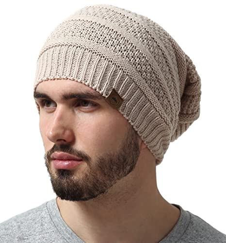 Tough Headwear Slouchy Beanie Hats for Women, Oversized Mens Beanie Hat, Knitted Beanie, Running Gear for Men,Womens Fall Hat Beige