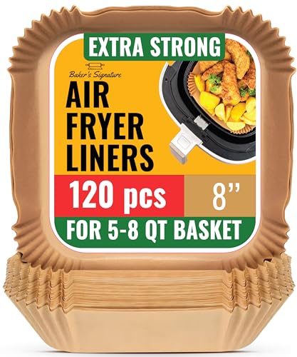 Air Fryer Paper Liners, 120Pcs Air Fryer Disposable Liners, Non-Stick and Oil Proof for Easy Cleanup, 8” Square for 5-8 qt Basket by Baker's Signature