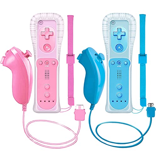 ZeroStory 2 Packs Wireless Controller and Nunchuck for Wii and Wii U Console, Gamepad with Silicone Case and Wrist Strap (Pink and Blue)