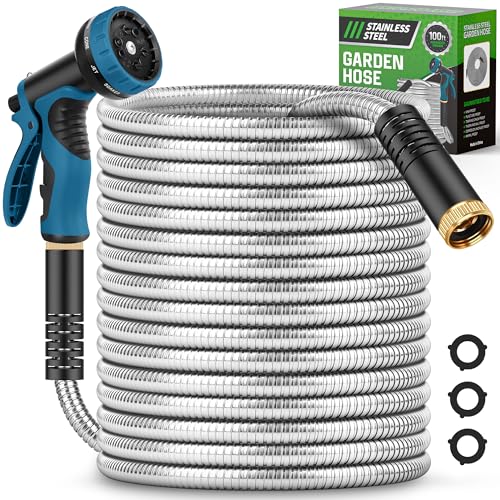 Advinski Garden Hose 100FT, Water Hose with 10 Function Nozzle, Metal Garden Hose with Leak-proof Connectors, Kink Free, Lightweight, Puncture-proof, Pet-proof, Sturdy, 550PSI, Hose for Outdoor, RV