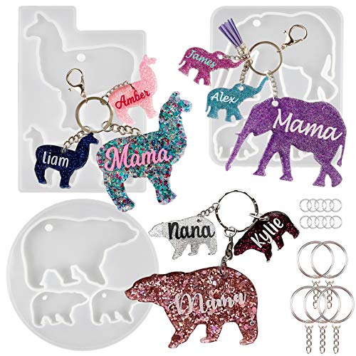 Mama and Baby Keychain Resin Silicone Molds Set with Key Chain Rings Alpaca Bear Elephant for Epoxy Jewelry Casting Kit 18-Count