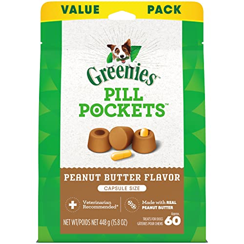 Greenies Pill Pockets for Dogs Capsule Size Natural Soft Dog Treats with Real Peanut Butter, 15.8 oz. Pack (60 Treats)