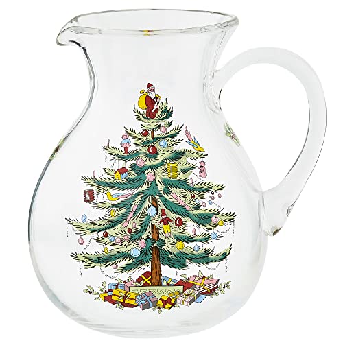 Spode Christmas Tree Glass Pitcher | Festive Serving Pitcher for the Holidays | Glass Pitcher With Handle for Cocktails, Water, Juice, Lemonade | Fun Crystal-Clear Large Holiday Pitcher | 96 Oz
