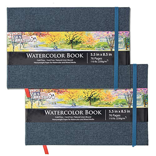 U.S. Art Supply 5.5' x 8.5' Watercolor Book, 2 Pack, 76 Sheets, 110 lb (230 GSM) - Linen-Bound Hardcover Artists Paper Pads - Acid-Free, Cold-Pressed, Brush Painting & Drawing Sketchbook Mixed Media