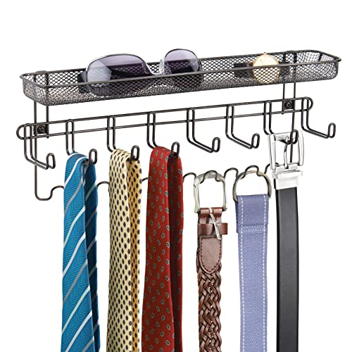 mDesign Steel Wall Mount Organizer Hanger Rack Holder with 8 Hooks and Storage Basket for Bedroom, Hall, or Coat Closet - Holds Belts, Ties, Watches, Sunglasses, Wallets - Concerto Collection - Bronze