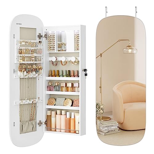 SONGMICS Home, LED Jewelry Organizer Cabinet Wall or Door Mounted, Lockable Rounded Wide Mirror with Storage, Interior Mirror, White Surface with Greige Lining
