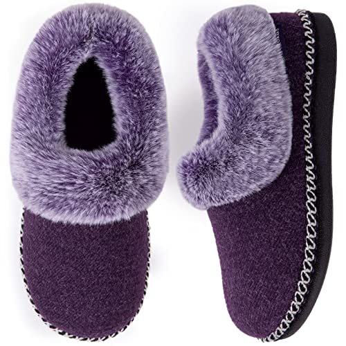EverFoams Women's Fluffy Memory Foam Slippers with Cozy Fuzzy Faux Fur Collar and Indoor Outdoor Sole (Purple, Size 9 M US)