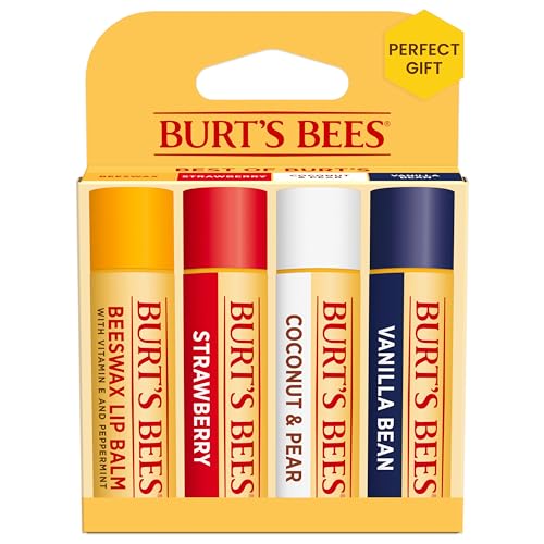 Burt's Bees Lip Balm Mothers Day Gifts for Mom - Beeswax, Strawberry, Coconut and Pear, and Vanilla Bean Pack, With Responsibly Sourced Beeswax, Tint-Free, Natural Lip Treatment, 4 Tubes, 0.15 oz.