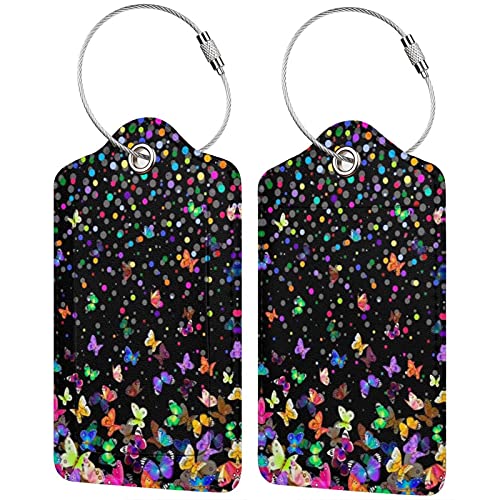 Starry Butterfly Luggage Tag with Full Back Privacy Name ID Card Stainless Steel Loop Suitcase Labels Identifiers PU Leather Baggage Tags Luggage for Women Men Kids Girls Travel (1pcs)
