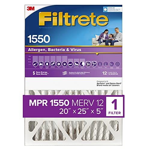 Filtrete 20x25x5 Air Filter MPR 1550 DP MERV 12, Healthy Living Ultra Allergen Deep Pleat, 1-Pack, Fits Lennox & Honeywell Devices (exact dimensions 19.56 x 24.19 x 4.69)