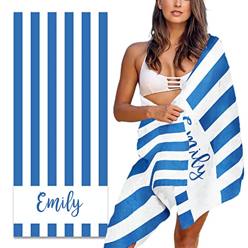 Personalized Beach Towel with Name Custom Sand Free Microfiber Towels for Beach Quick Dry Pool Towel Blanket Stripes Print Beach Towels for Adults Kids 30x60 Inch-Blue