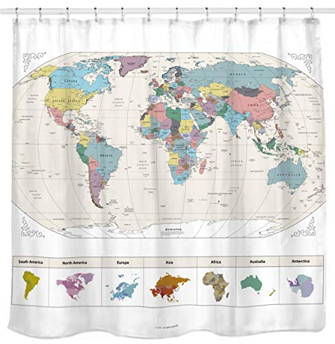 New! Map of The World with Detailed Major Cities. PVC Free, Non-Toxic and Odorless Water Repellent Fabric Shower Curtains - Large Home Decor Wall Map