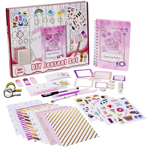 FINcredible DIY Journal Kit Scrapbook Set 100+ pcs Girls Diary, Art Craft Stationary Set Supplies, Gift Ideas Birthday Gifts for Teen Teenage Tween Girls Ages 6+ Years Old