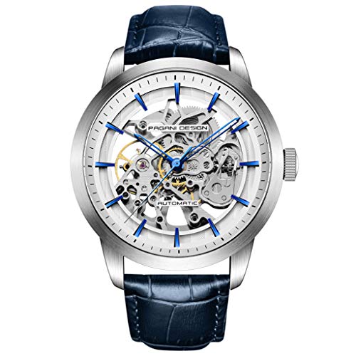Automatic Mens Watches Skeleton Mechanical Wrist Watch for Men Waterproof Genuine Leather Watchband Luxury Self-Winding Stainless Steel Analog Watch for Men Collection PAGANI DESIGN (blue silver 1638)