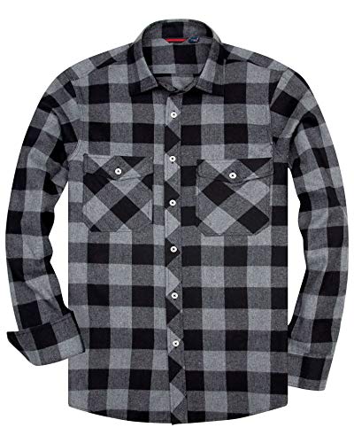 Alimens & Gentle Men's Button Down Regular Fit Long Sleeve Plaid Flannel Casual Shirts - Color: Grey&Black, Size: Small