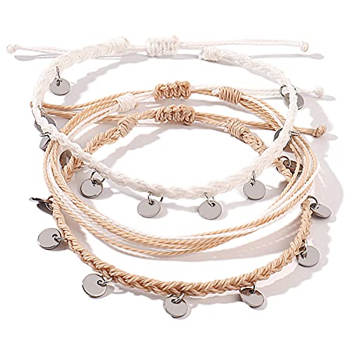 FANCY SHINY Boho Ankle Bracelets Waterproof String Anklets Braided Rope Anklet Beach Surfer Anklets Cute Coin Foot Jewelry for Women Teen Girls(White)