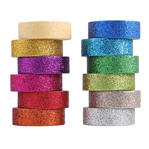 Tesuivra DIY Glitter Washi Tape Set - 12 Rolls Colored Masking Tape, Sparkle Decorative Tape for Art, Scrapbook Tape,Decor & Crafts (Dark)